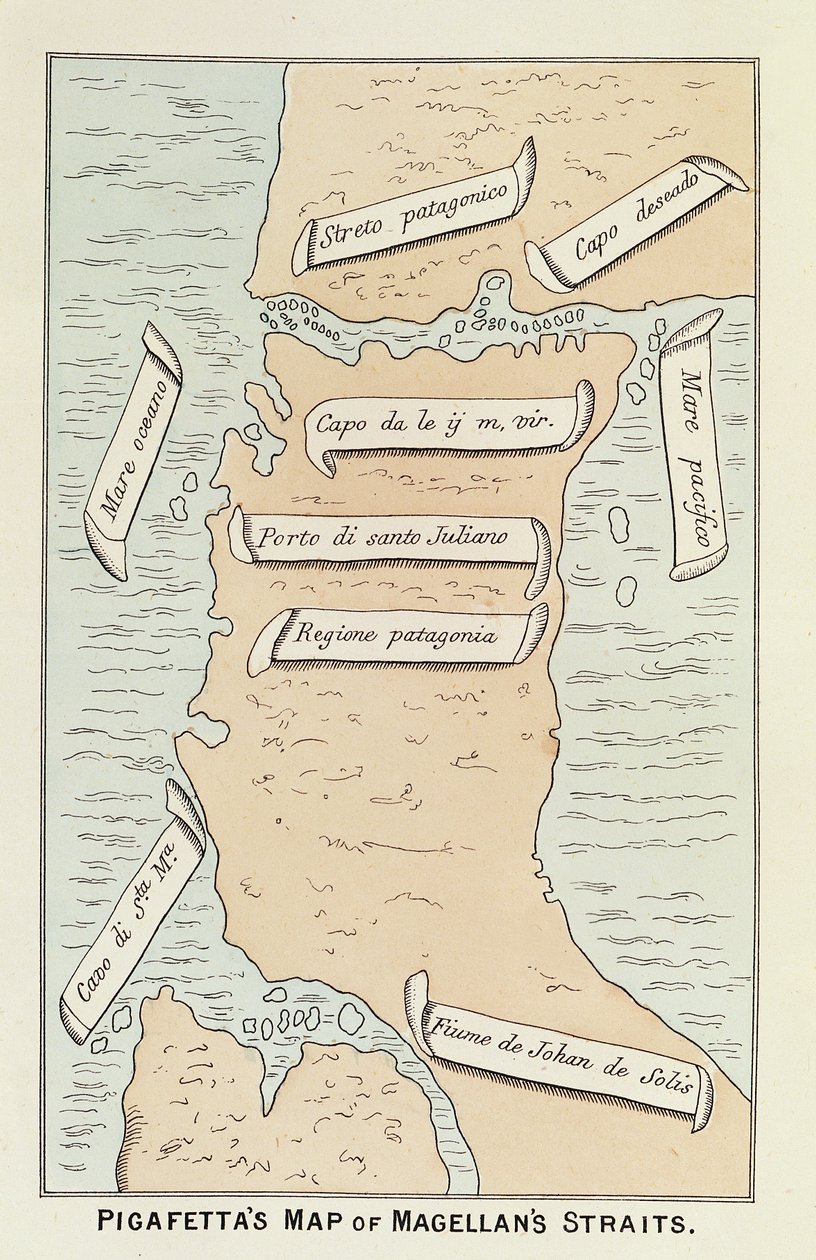 Patagonia og Tierra del Fuego, der viser strædet, der senere vil tage navigatørens navn, fra Ferdinand Magellans 