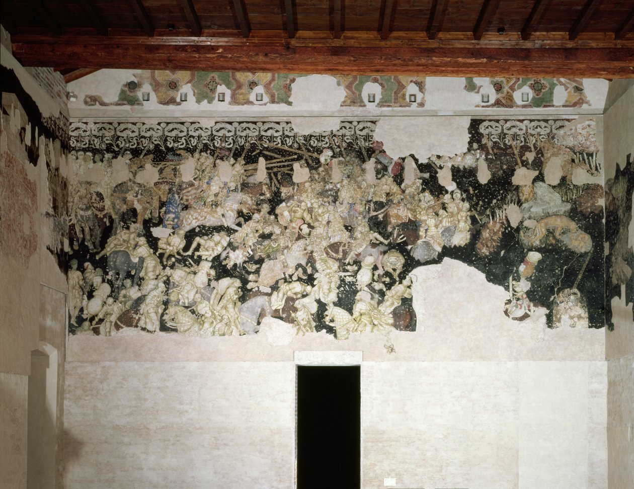 Kampturnering, med den Lancastriske SS-krave med morgenfrueblomster, emblem for Gonzaga-familien, i frisen ovenfor, fragment af vægmaleri fra Sala del Pisanello (tidligere Sala dei Pr af Antonio Pisanello