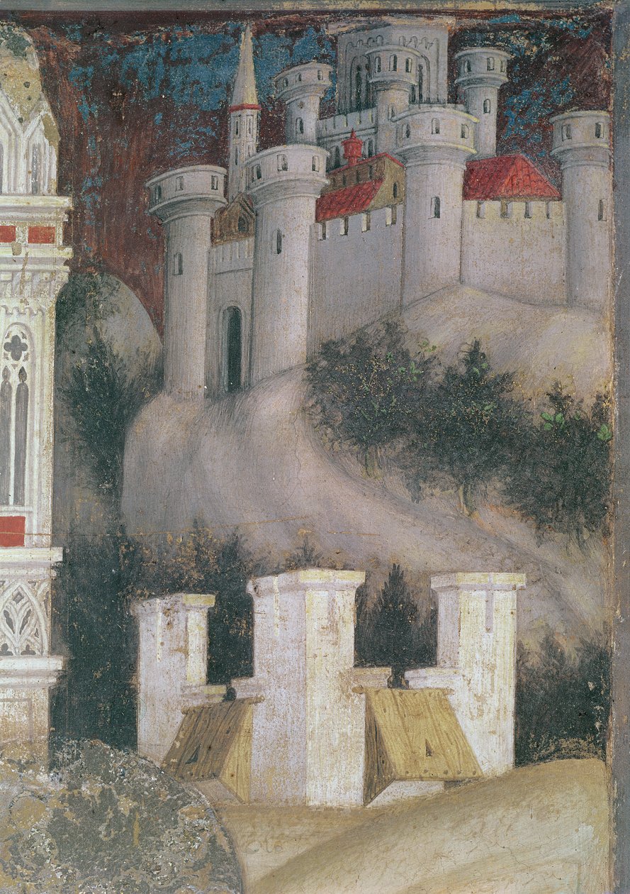 Detalje af arkitekturen til højre af Sankt Georg og prinsessen af Trebizond, ca. 1433-38 (detalje af 60797) af Antonio Pisanello