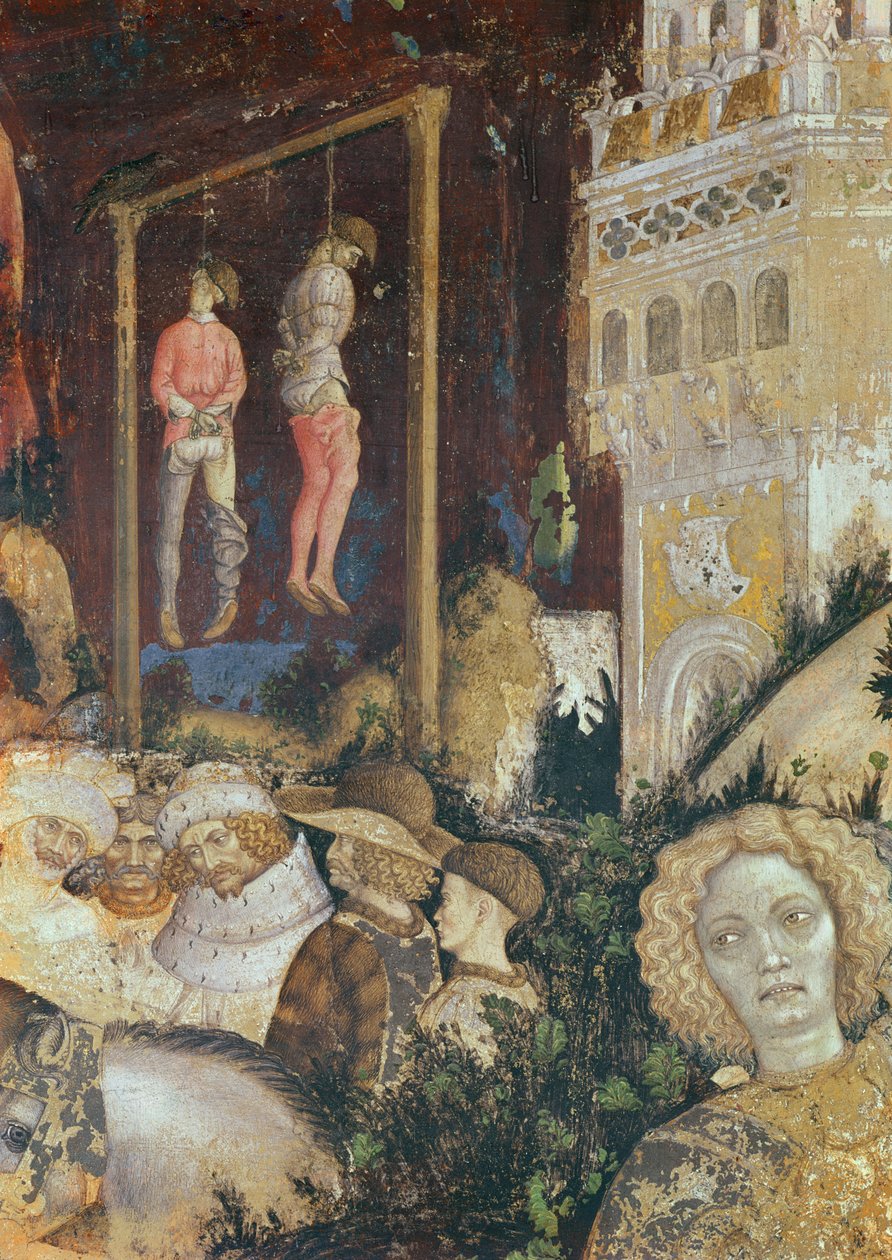 Detalje af galgen til venstre i St. George og prinsessen af Trebizond, ca. 1433-38 (detalje af 60797) af Antonio Pisanello