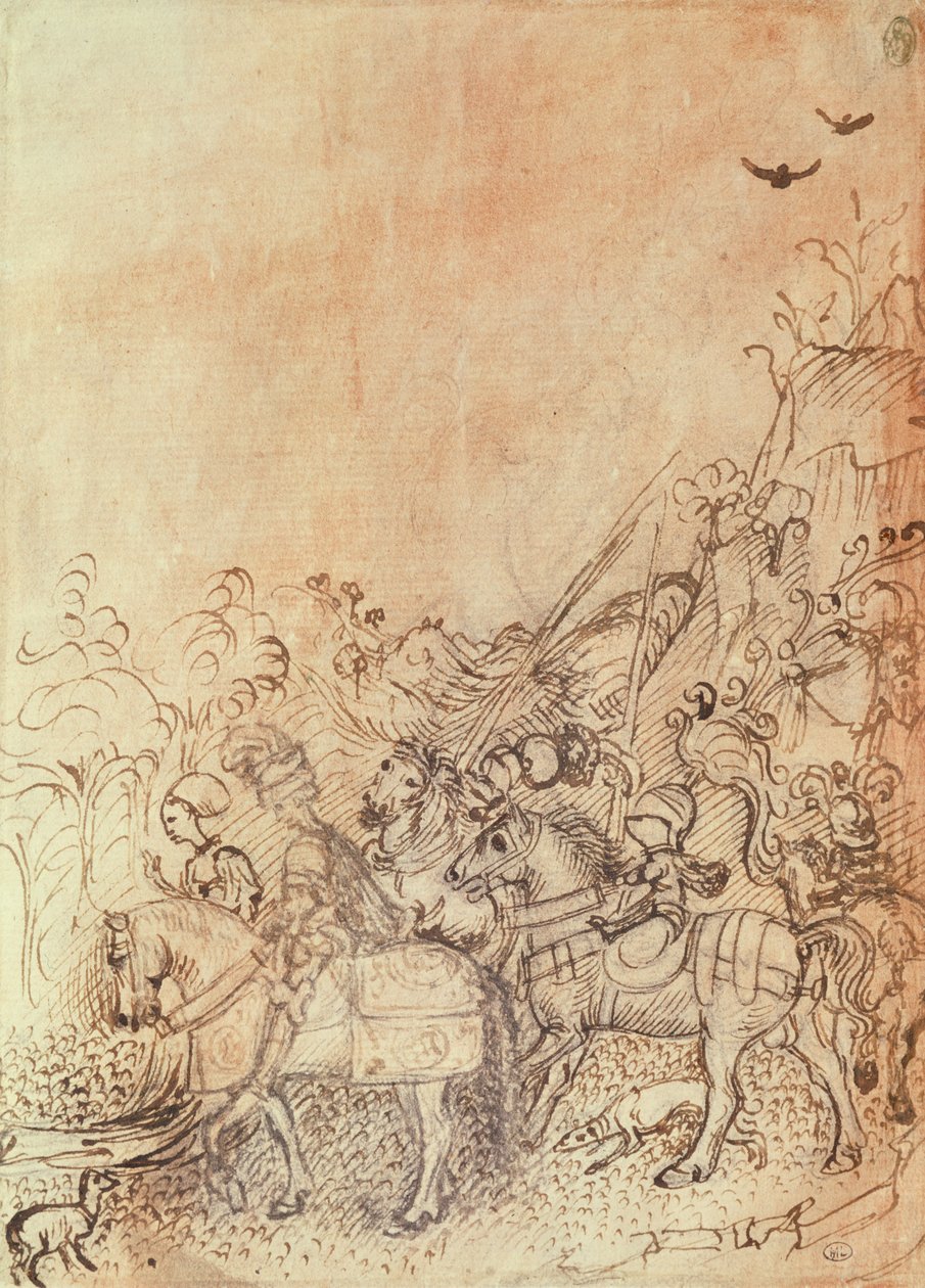 John of Gonzague og hans hoffolk i et bjergrigt landskab, fra Vallardi Album af Antonio Pisanello
