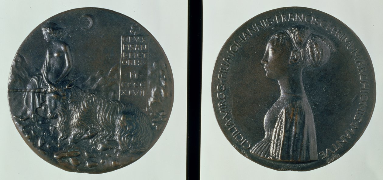 Portrætmedalje, forside af Cecilia Gonzaga, bagside af en kvindeskikkelse og enhjørning, 1447 (bronze) af Antonio Pisanello
