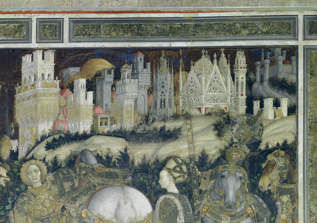 St. George og prinsessen af Trebizond, detalje af byen i baggrunden, ca. 1433-38 af Antonio Pisanello