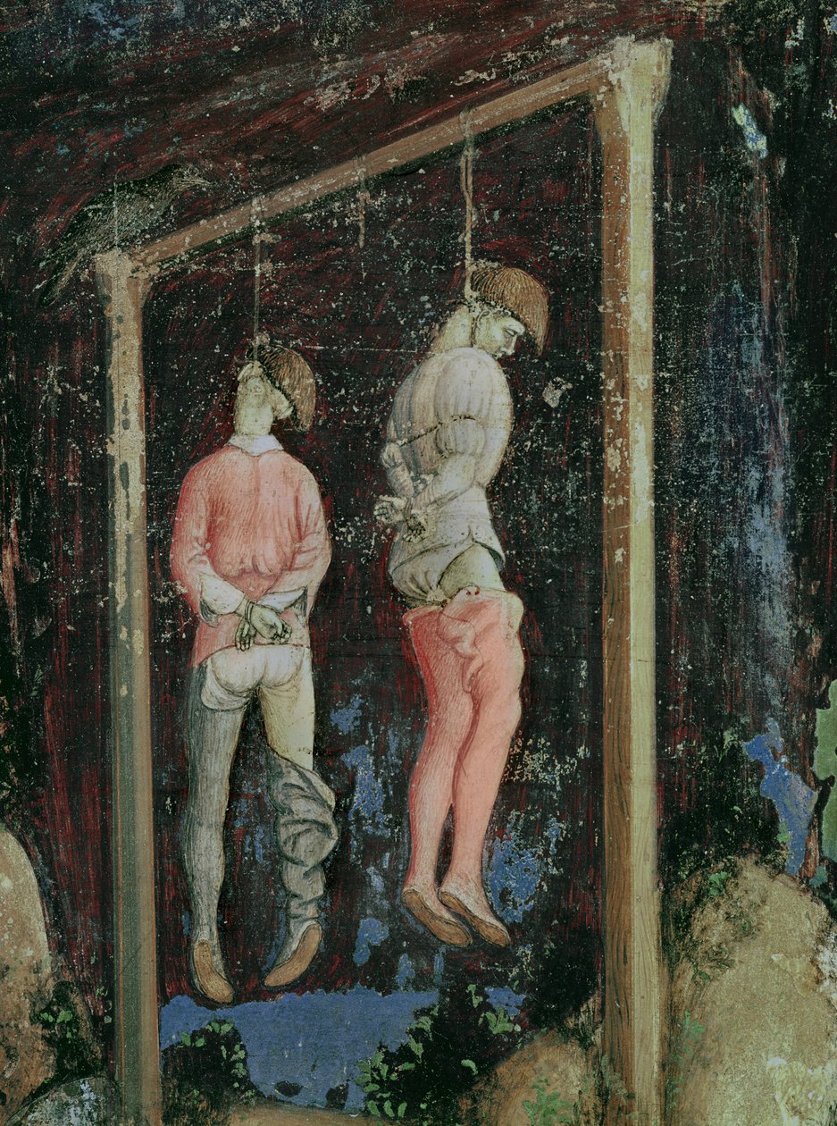 St. George and the Princess of Trebizond, detalje af to hængende mænd fra venstre side, ca. 1433-38 af Antonio Pisanello