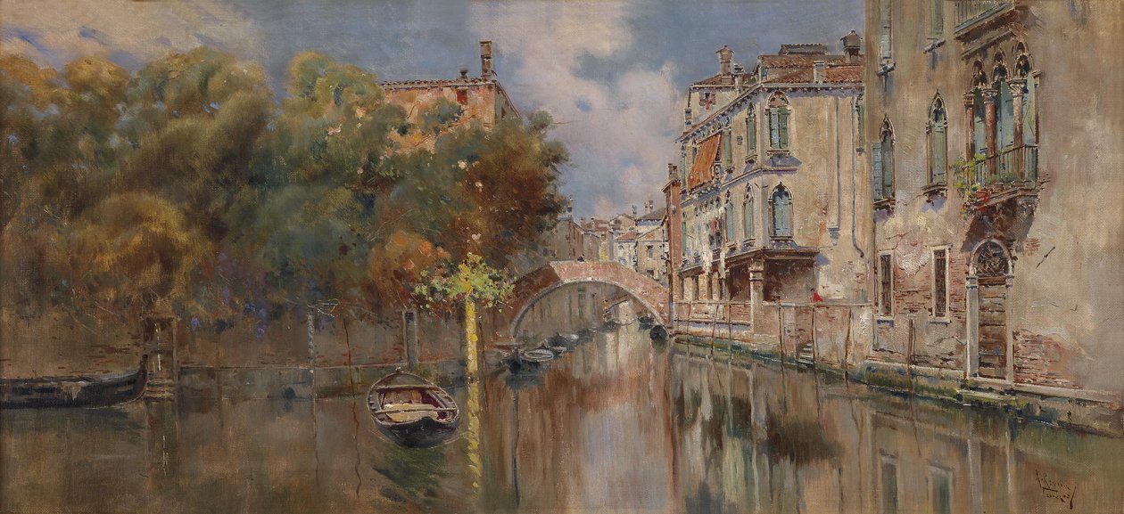 Udsigt over en kanal i Venedig af Antonio Reyna Manescau