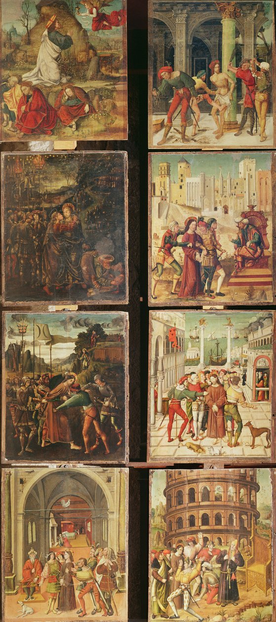 Venstre panel af Retable of the Passion, 1517-20 (tempera på panel) af Antonio Ronzen