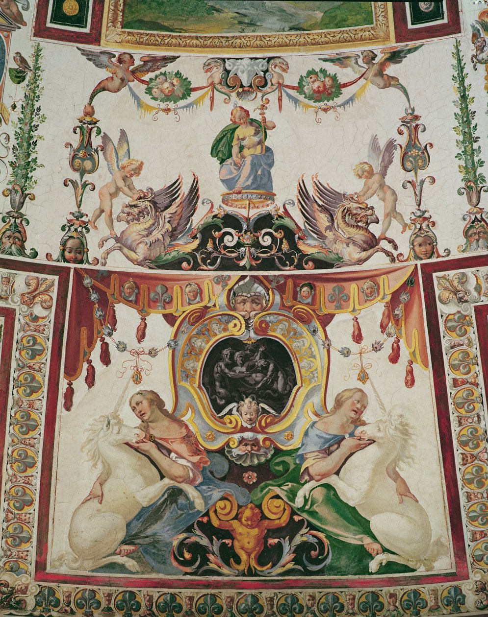 Detalje af udsmykningen af Scala Regia viser griffiner, enhjørninger og allegoriske figurer fresco af Antonio Tempesta