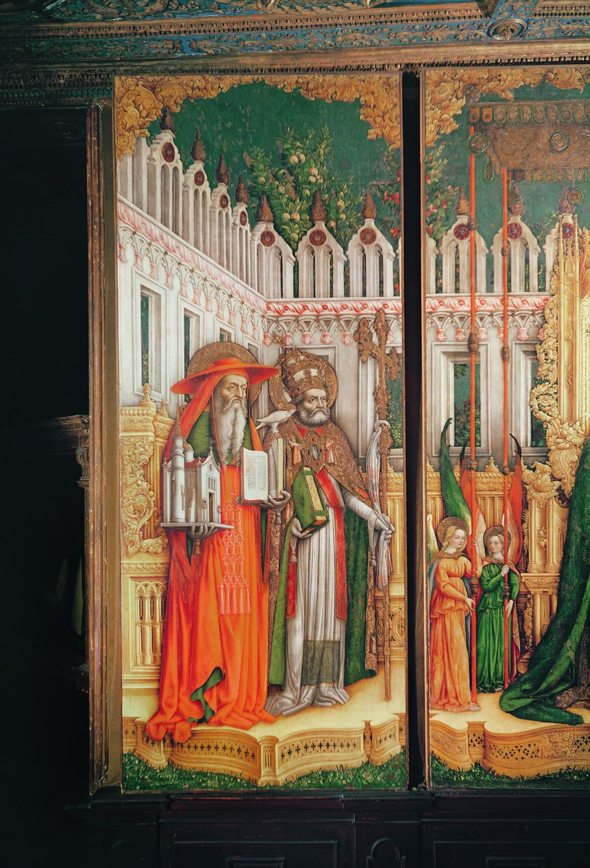 Triptykon af Jomfruen og Barnet omgivet af hellige, detalje i venstre panel viser Saint Hieronymus og Saint Gregory, 1446 (tempera på lærred) af Antonio Vivarini