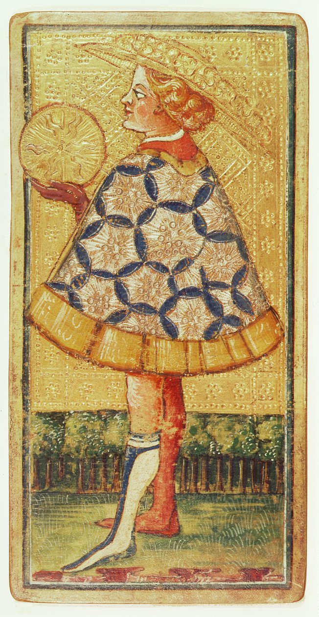The Page of Coins, fra en pakke tarotkort (gouache og forgyldt på kort) af Antonio Cicognara