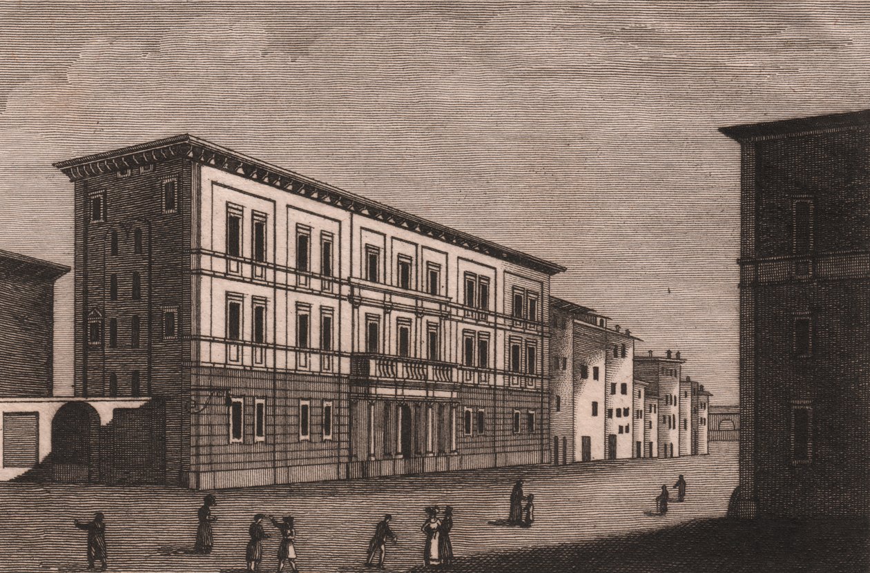 Udsigt over bispepaladset i Pistoia, Toscana, Italien, kobberstik af Antonio Morghen (1788-1853), ca. 13x9,5 cm af Antonio (1788 1853) Morghen