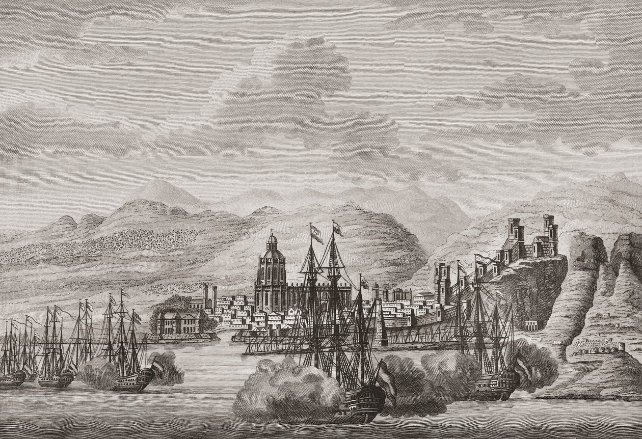 Hollannin laivasto Malagan edustalla Espanjassa 1784 tulistusta. (Tulosta) af Antonio (after) Suntach