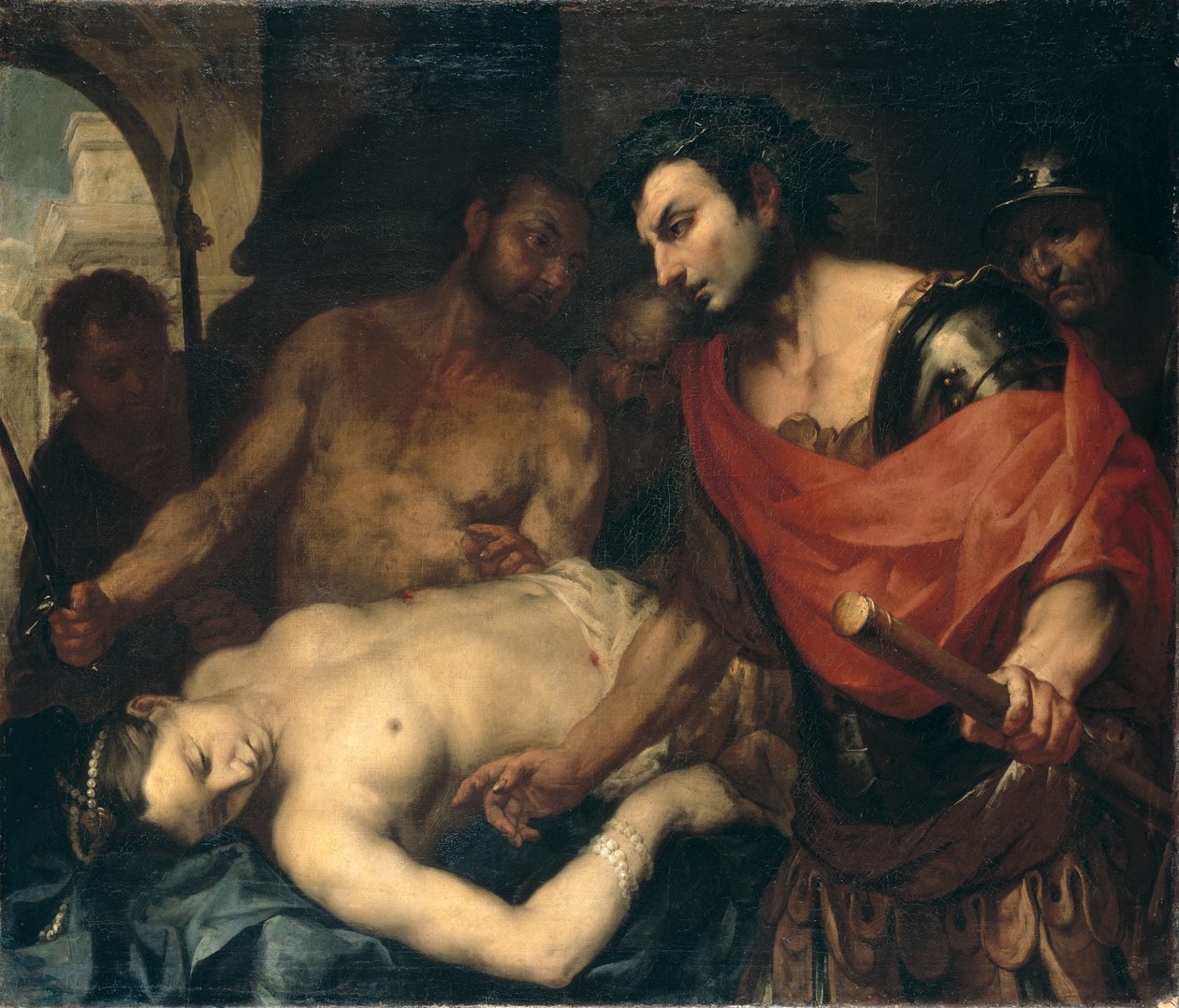 Nero (37-68 e.Kr.) med sin mor Agrippinas lig (15-59 e.Kr.) (olie på lærred) af Antonio (attr. to) Zanchi