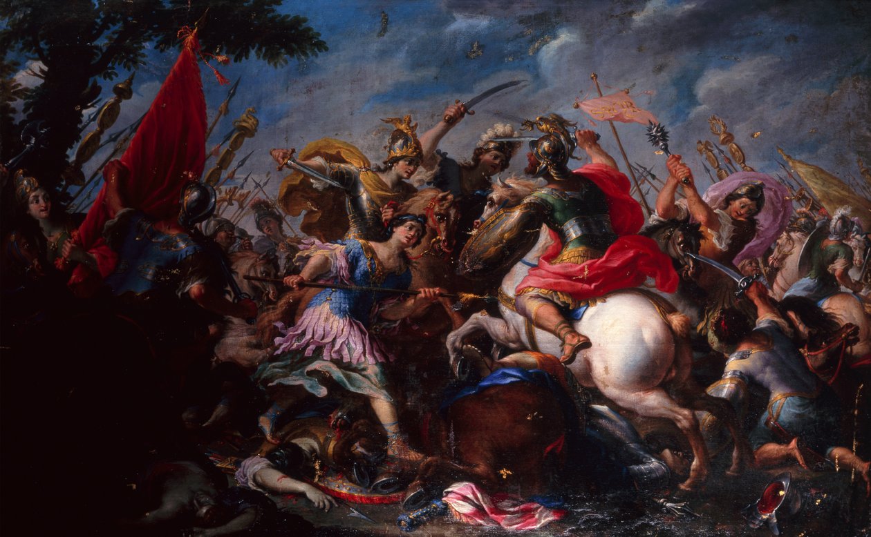 Slaget om Amazonerne (olie på lærred) af Antonio (circle of) Tempesta