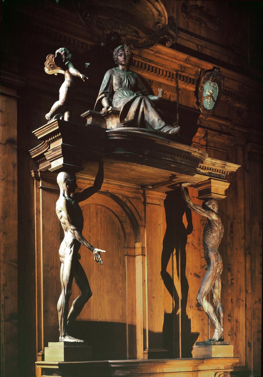 Statuer af to nøgne og hudløse mænd, kendt som gli spellati (de flåede), anatomisk teater af Antonio (d.1663) Paolucci