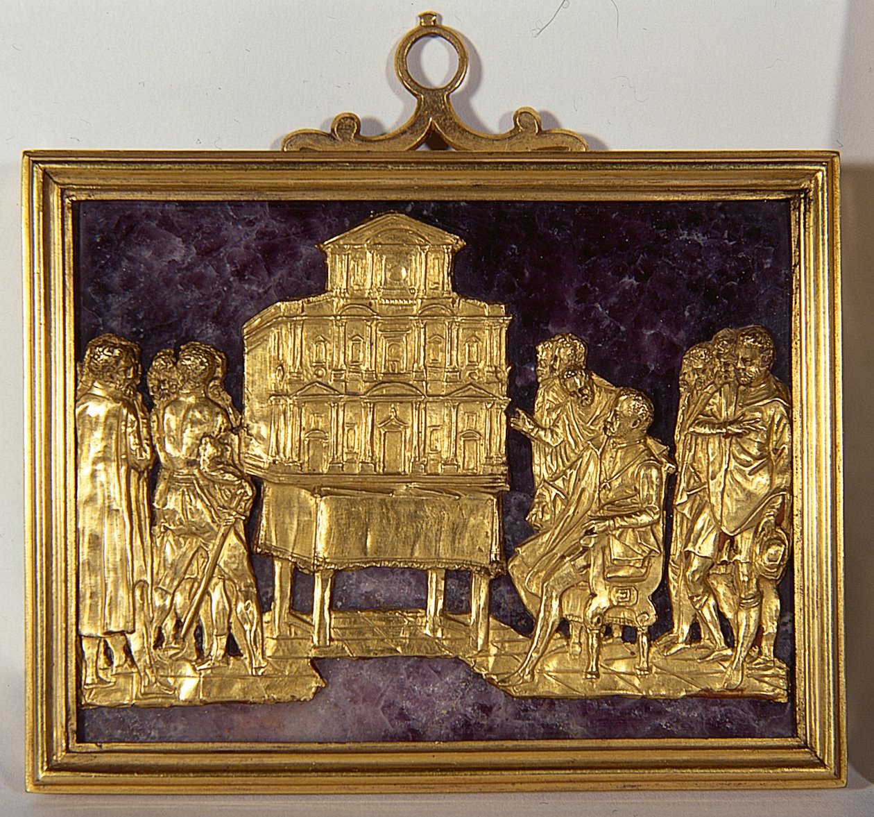 Bernardo Buontalenti (1531-1608) præsenterer en model af facaden på katedralen Santa Maria del Fiore, ca. 1587 (guld på ædelsten). af Antonio (fl.1578 1624) Giambologna (1529 1608) and Susini