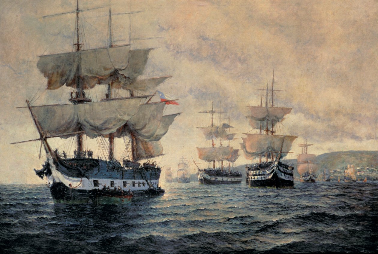 Indskibningen af Perus befriende ekspedition den 20. august 1820 under kommando af generalkaptajn Jose de San Martin (1778-1850) (olie på lærred) af Antonio A. Abel
