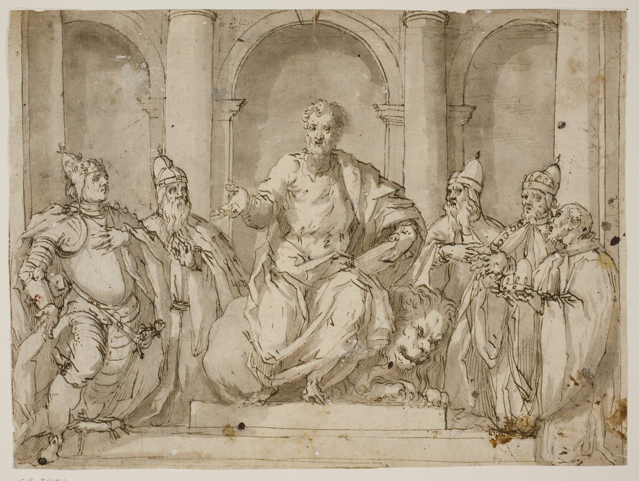St. Mark troner omgivet af fire doger og en mand med en doges kasket i hænderne af Antonio Aliense