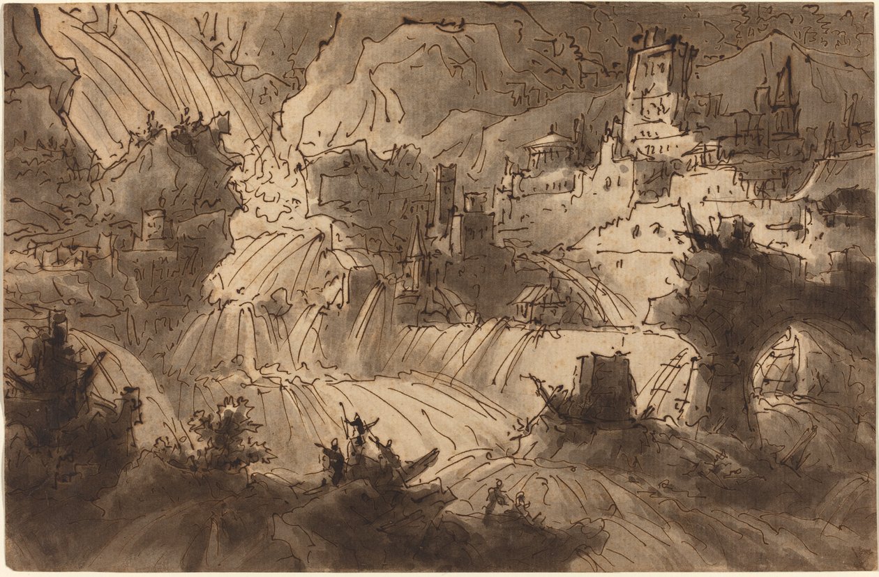 Bjergtorrents oversvømmer en by af Antonio Basoli