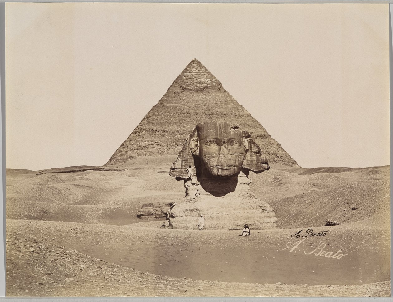 Sphinx and the Pyramid of Chephren (albumin sølv foto) af Antonio Beato