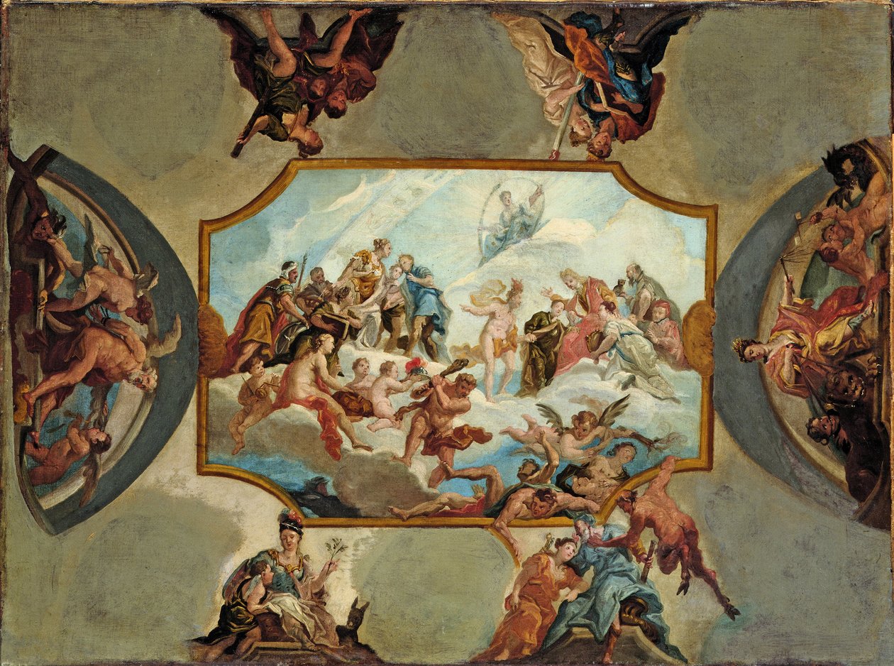 Ærbødighed for Johann Wilhelm, Kurfyrst Pfalz. Design til et loftmaleri til Bensberg Slot, 1709 af Antonio Bellucci