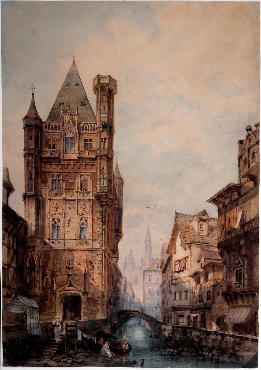 Udsigt over en kanal i en normansk by Akvarel af Antonio Bernasconi (1800-tallet) Dim 85x75 cm Gener, Galleria d