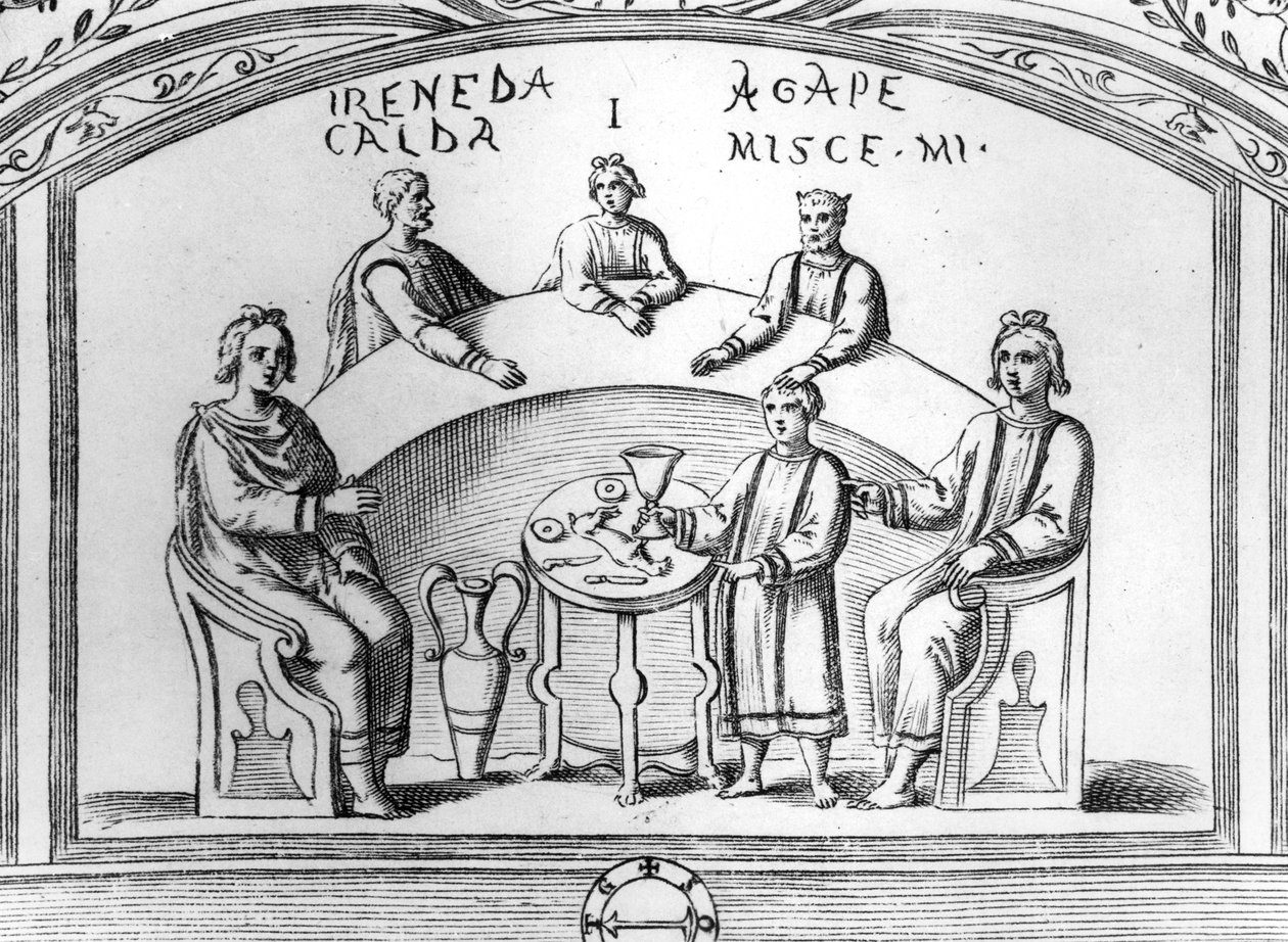 Banquetscene fra en tidlig kristen katakombe-fresko i Rom, illustration fra "Roma Sotterranea" af Antonio Bossi, udgivet i Rom i 1632 (træsnit) af Antonio Bosio