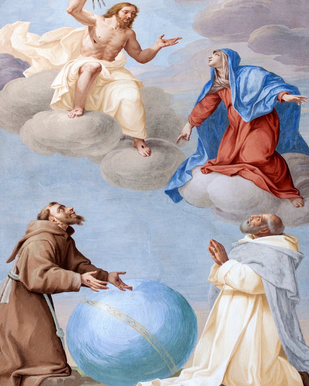 Saint Francis, Saint Damian og Mary går i forbøn for menneskeheden og overbeviser den guddommelige retfærdighed om ikke at skyde sine pile mod verden, fresko af Antonio Busca (1625-1684), 20. kapel, Saint Francis kanoniseret af pave Gregor IX, af Antonio Busca