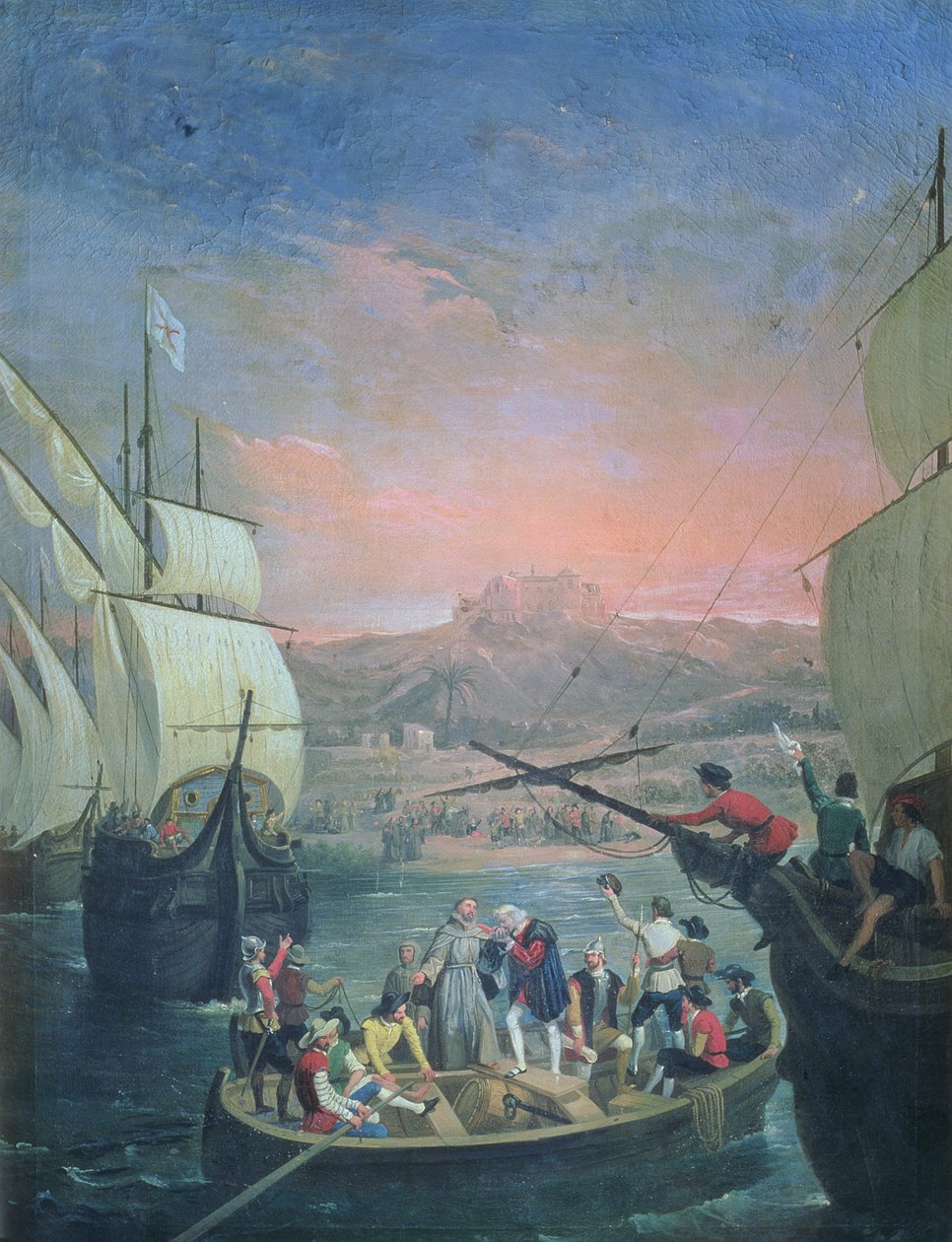 Santa Maria, Pinta og Ninas afgang fra Palos i 1492 (olie på lærred) af Antonio Cabral Bejarano