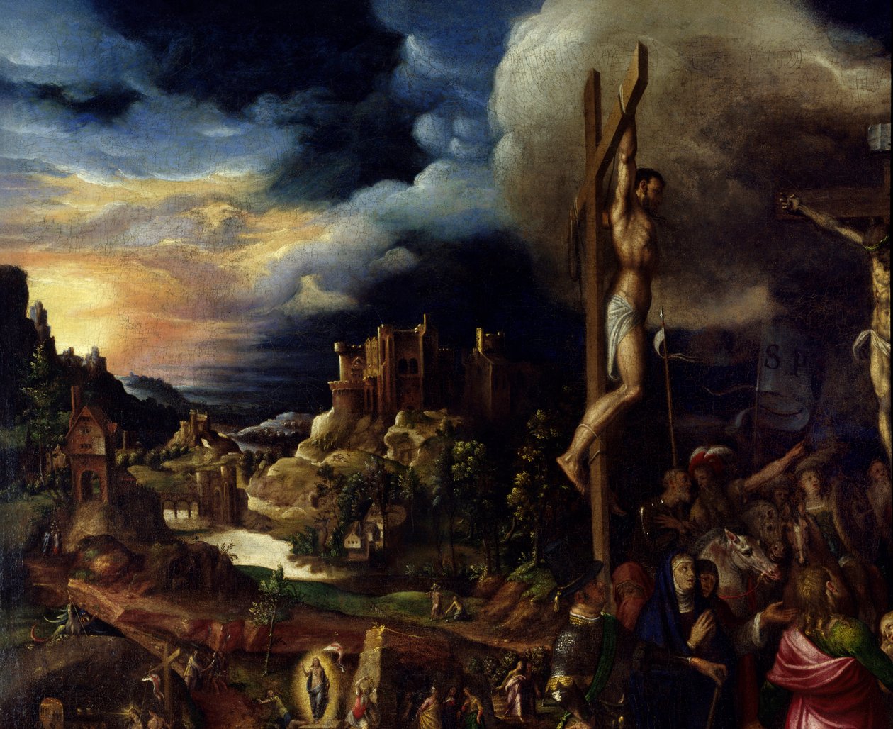Kristus på korset Passionsscener: steg op til Golgata (Korsets vej), korsfæstelse. Maleri af Antonio Campi (1526-1587) Ec. Ital af Antonio Campi