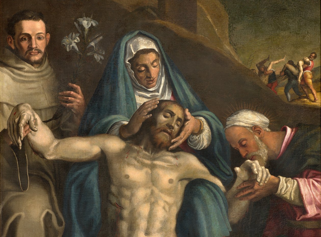 Nordlige tværskib, aflejringsalter, Kristusaflejring støttet af jomfruen og de hellige Raymond og Anthony af Padua, Antonio Campi 1566, detaljealtertavle af Antonio Campi