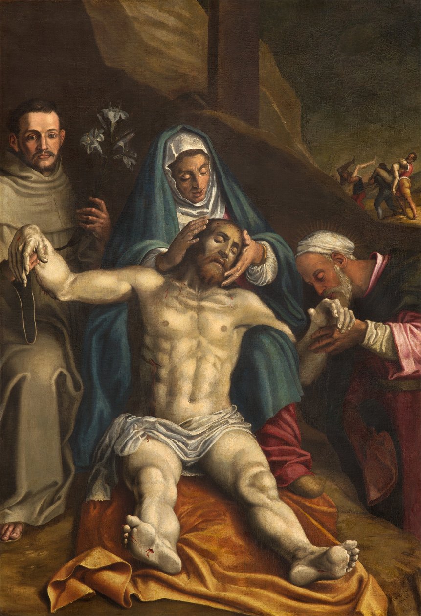 Nordlige tværskib, aflejringsalter, Kristusaflejring støttet af jomfruen og de hellige Raymond og Anthony af Padua, Antonio Campi 1566, altertavle af Antonio Campi