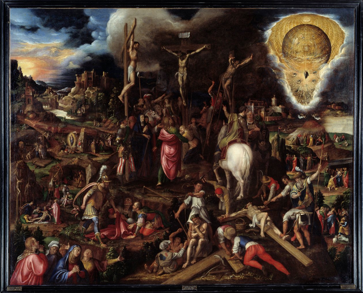 Lidenskabsscener: bøn i oliventræernes have, forræderi mod Judas, arrestation af Kristus, hånt Kristus, stiger op til Golgata (Korsets vej), korsfæstelse, opstandelse... Maleri af Antonio Campi (1526-1587) Ec. Ital af Antonio Campi