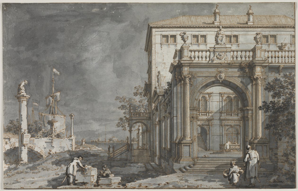 Capriccio: Et palads med en gårdhave ved lagunen af Antonio Canaletto