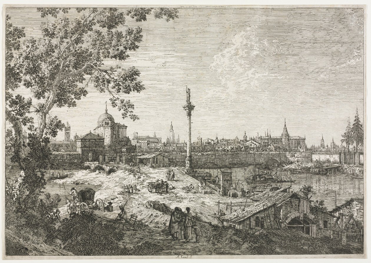 Panorama af en by ved en flod. af Giovanni Antonio Canal