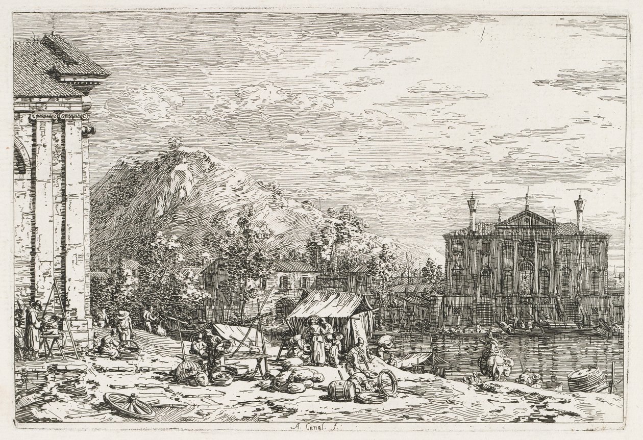 Udsigt: En by hinsides en flod af Antonio Canaletto
