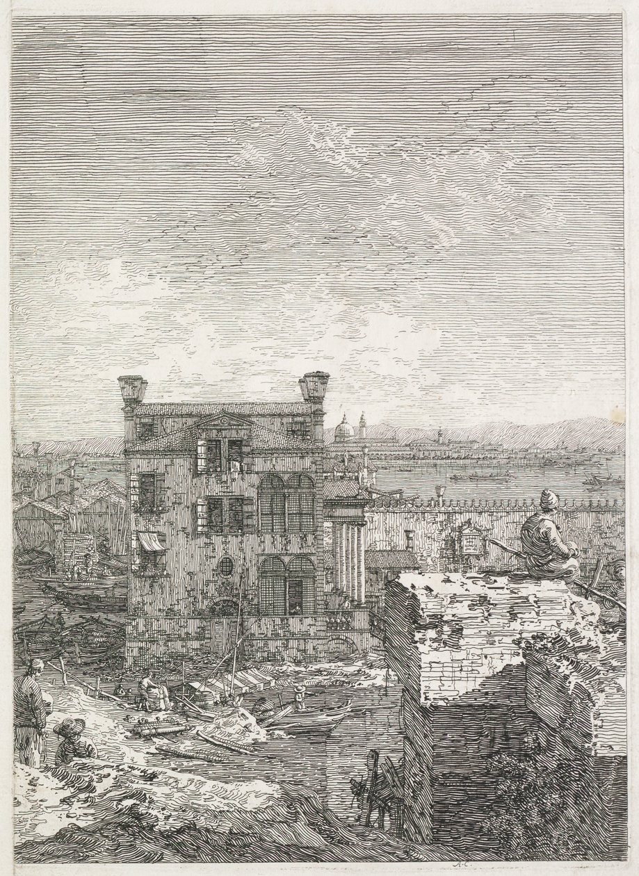 Udsigt: Et hus omgivet af seks søjler af Antonio Canaletto