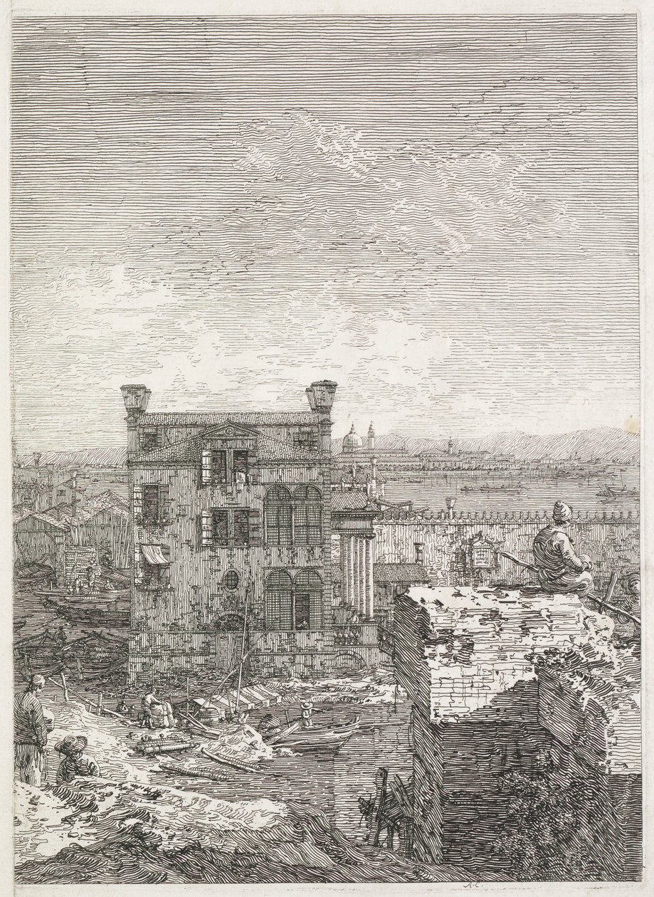 Udsigt: Et hus omgivet af seks søjler, 1735-1746. af Giovanni Antonio Canal
