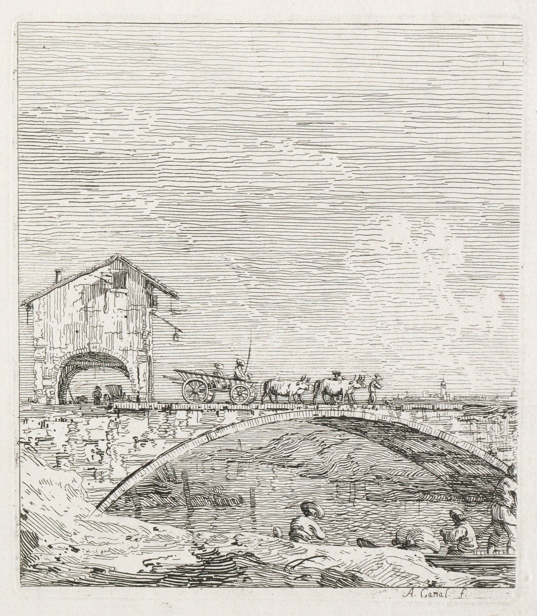 Udsigt: En vogn passerer over en bro af Antonio Canaletto