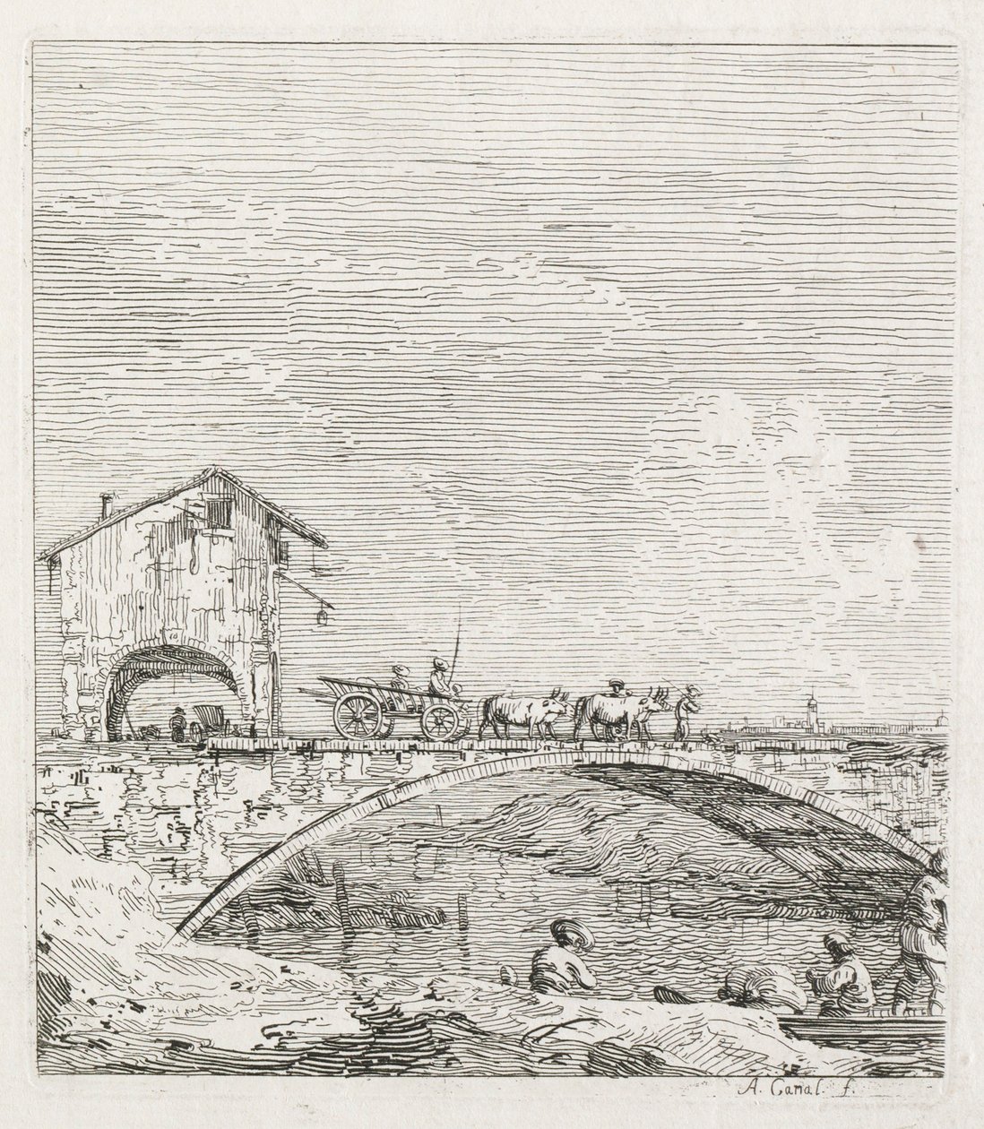 Visninger: En vogn passerer over en bro, 1735-1746. af Giovanni Antonio Canal