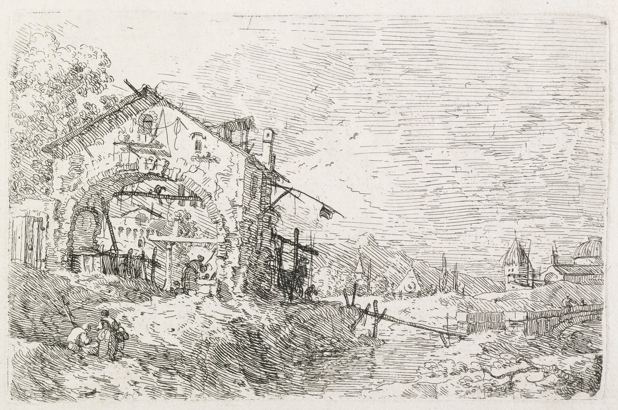 Visninger: En kvinde tegner vand under en bue, 1735-1746. af Giovanni Antonio Canal