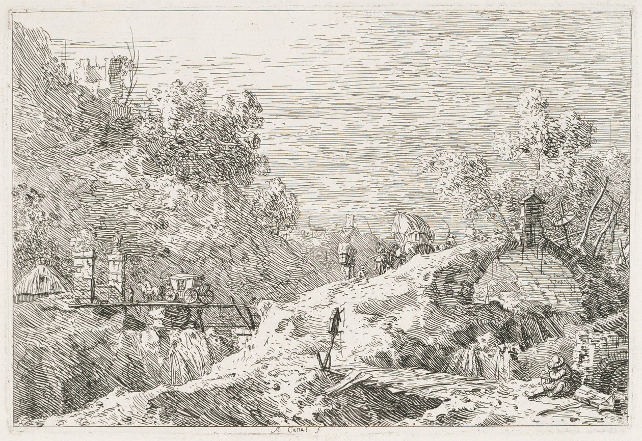 Udsigt: Bjerglandskab med fem broer af Antonio Canaletto