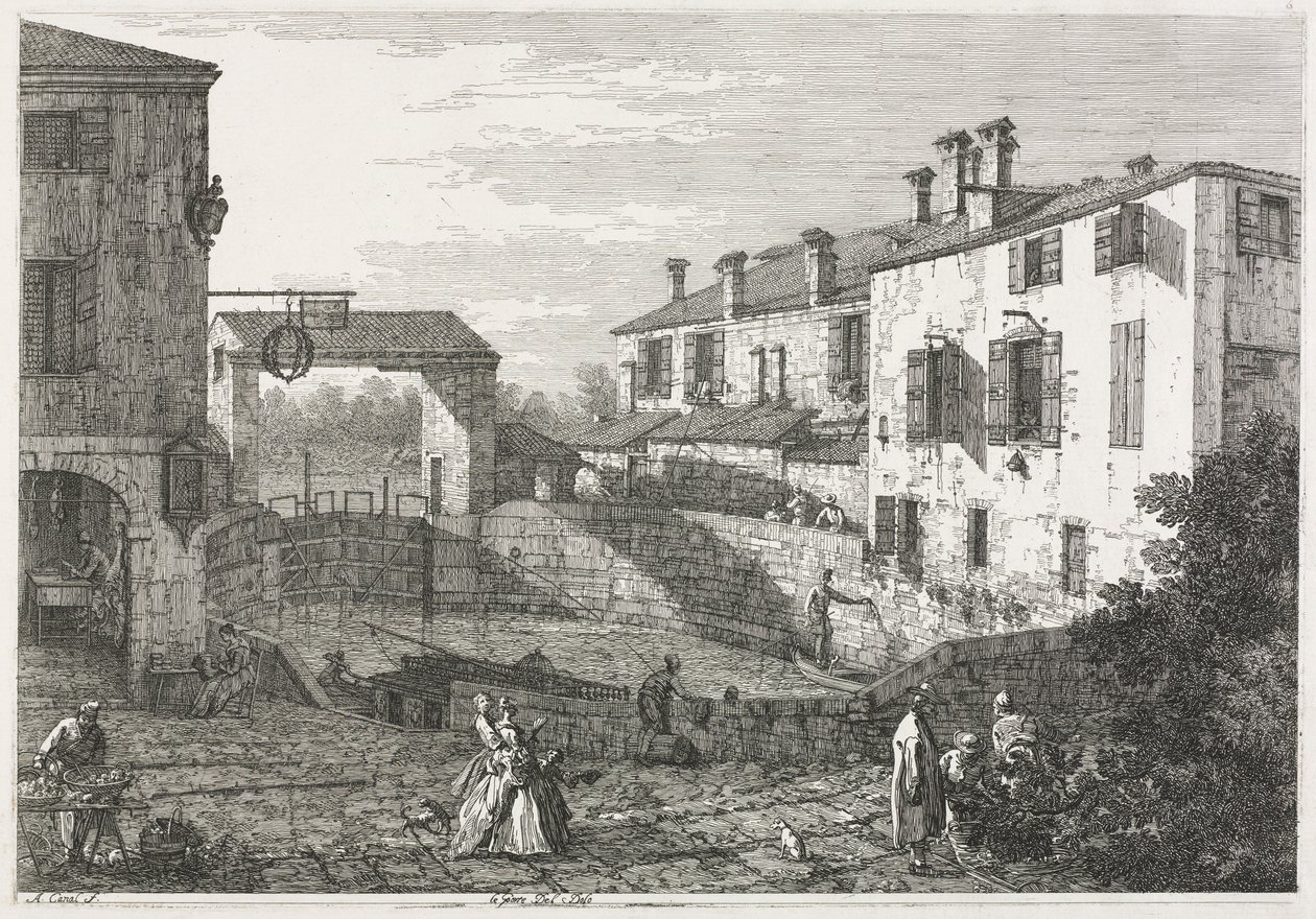 Udsigt: Kanalslusen ved Dolo af Antonio Canaletto