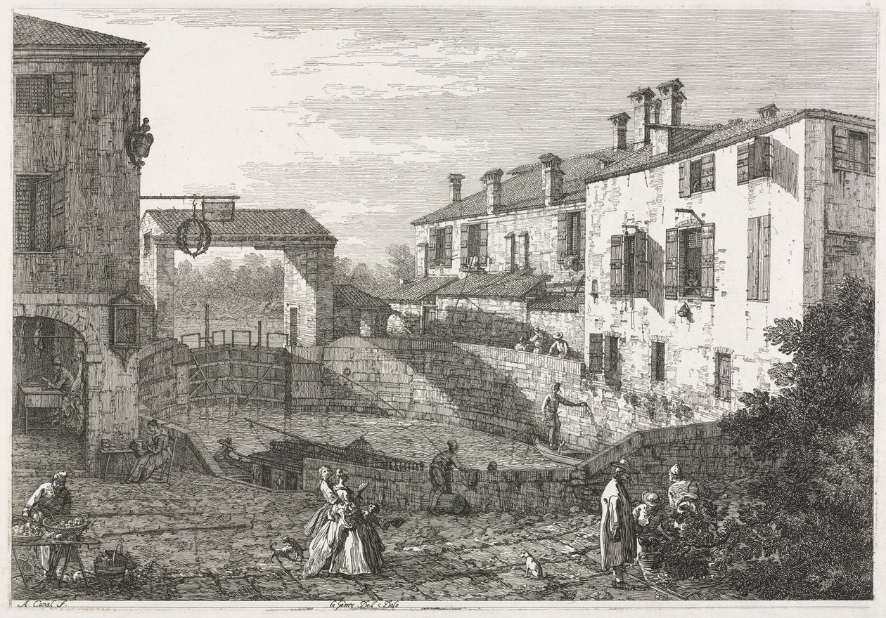 Udsigt: Kanalslusen ved Dolo, 1735-1746. af Giovanni Antonio Canal