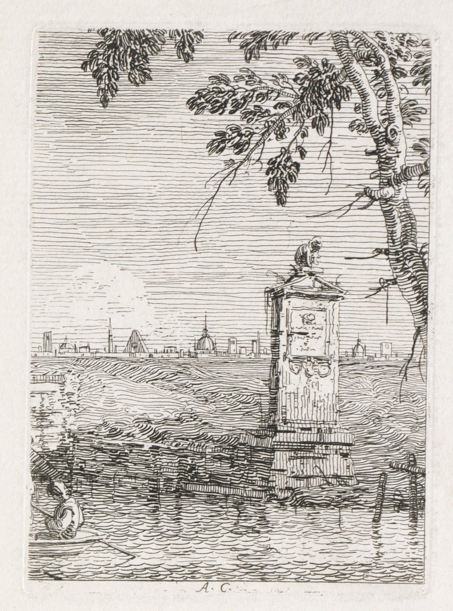 Udsigt: Det lille monument under et træ, 1735-1746. af Giovanni Antonio Canal