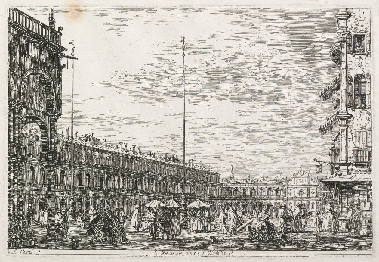 Udsigt: Prokuratorpaladset og kirken St. Géminien, Venedig af Antonio Canaletto