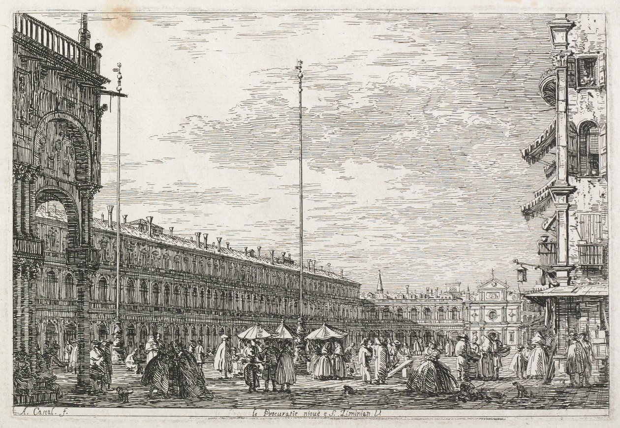 Udsigt: Prokuratorpaladset og kirken St. Géminien, Venedig, 1735-1746. af Giovanni Antonio Canal