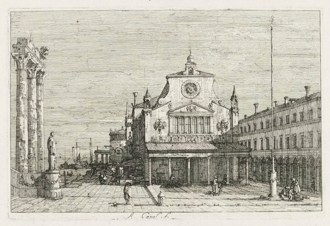 Udsigt: Tre søjler og en statue på havkysten af Antonio Canaletto