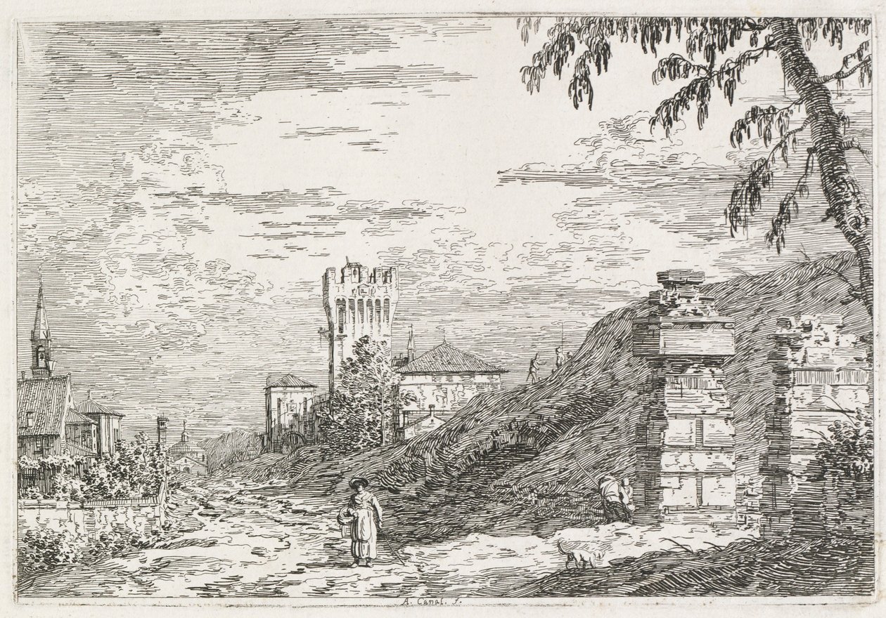 Visninger: To ødelagte søjler, 1735-1746. af Giovanni Antonio Canal