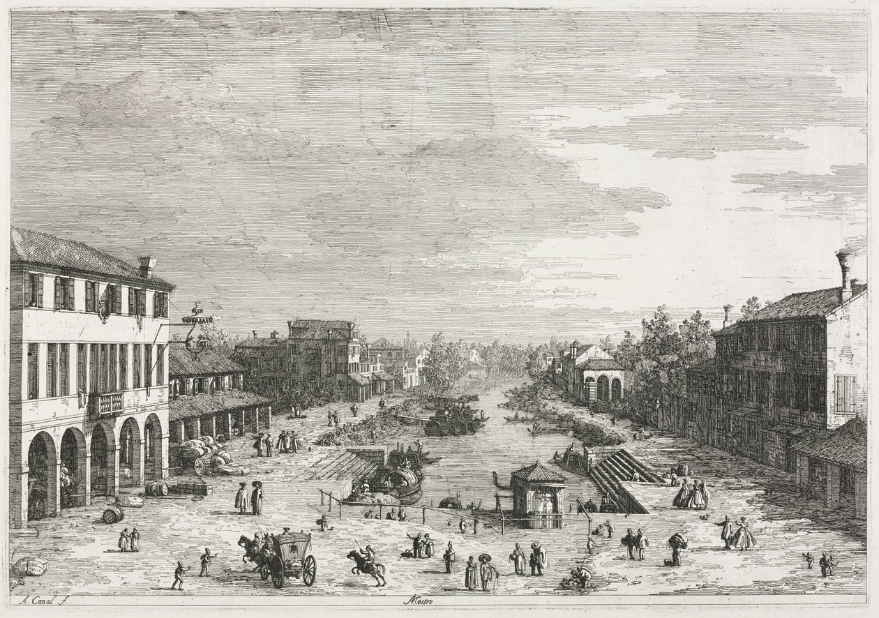 Udsigt: Udsigt over Mestre, en by i provinsen Venedig af Antonio Canaletto