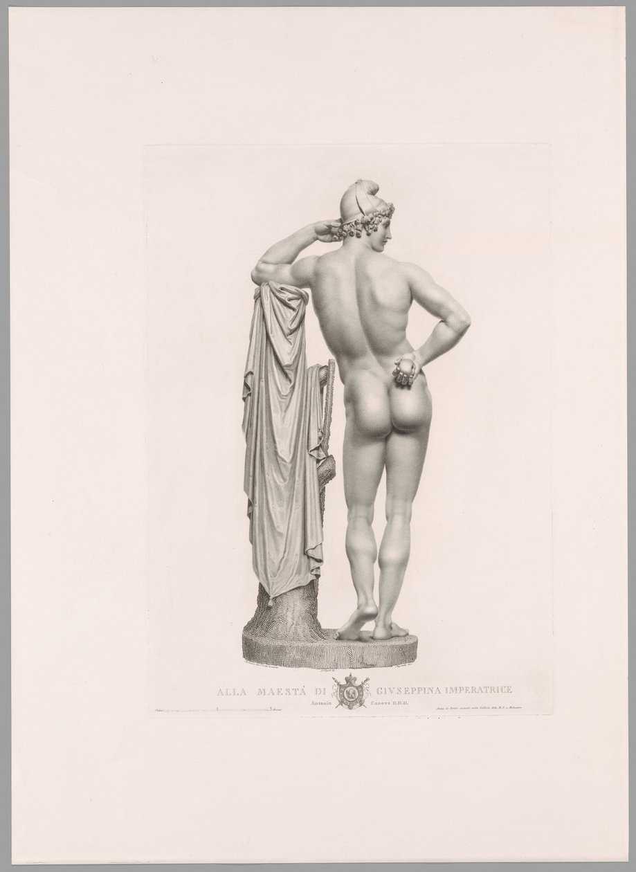 Paris læner sig op ad en træstub, set bagfra, fra Oeuvre de Canova af Antonio Canova